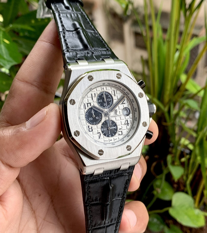 AUDEMARS PIGUET CHRONOGRAPH AP WATCH ROYAL OAK SILVER OFFSHORE LEATHER MASTER