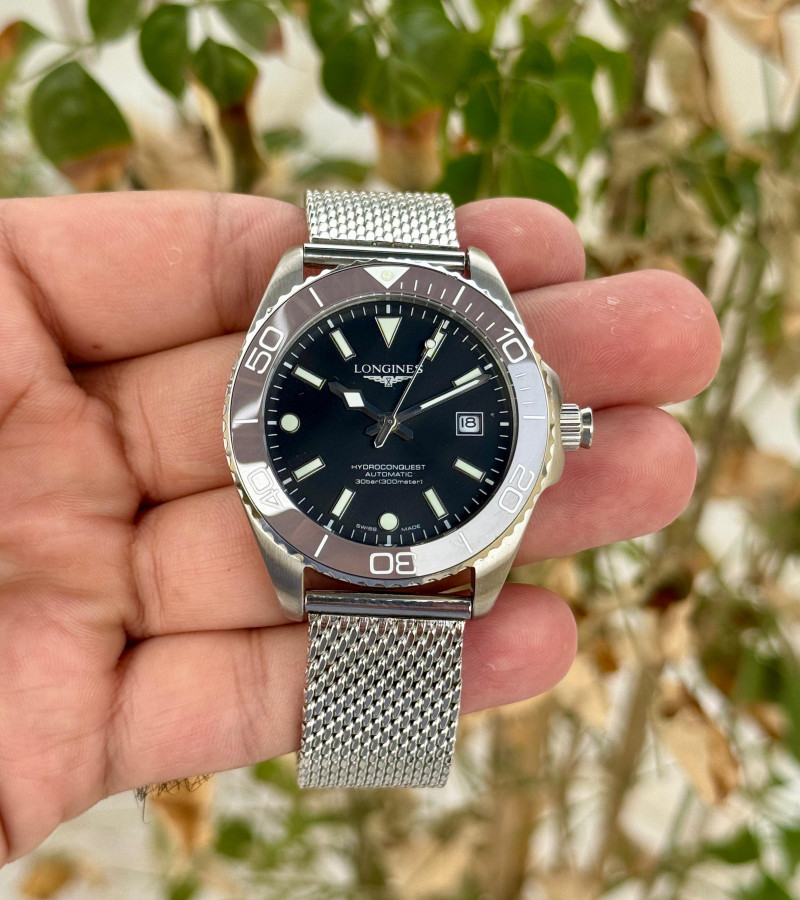 Longines Hydro Conquest Silver Black Mesh Strap