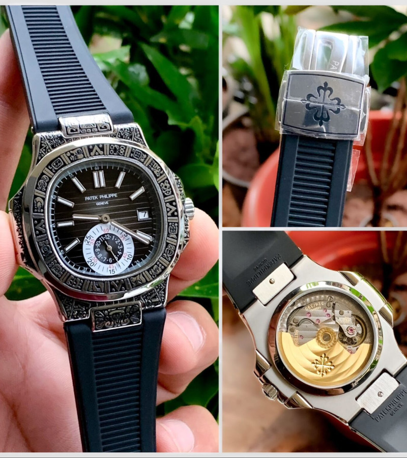 PATEK PHILIPPE NAUTILUS ENGRAVED BLACK-SILVER SEMI ETA